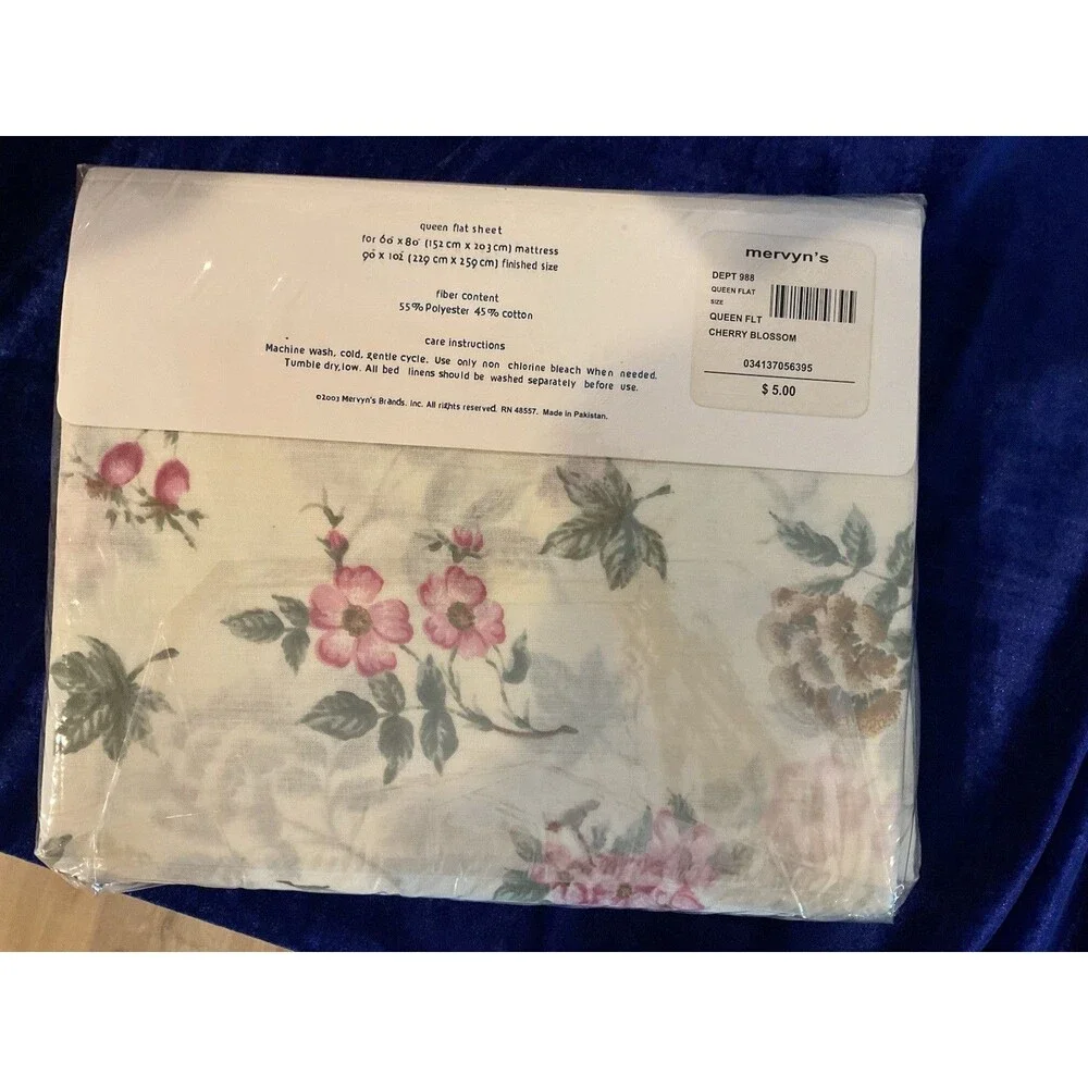 VTG NWT Mervyn’s Queen Flat Sheet Cherry Blossom Multicolor Floral Sealed